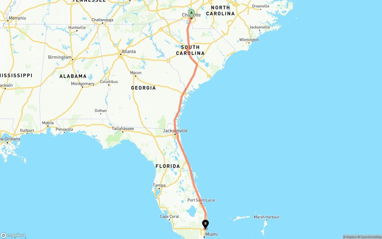 Shipping route from Charlotte to Ft. Lauderdale