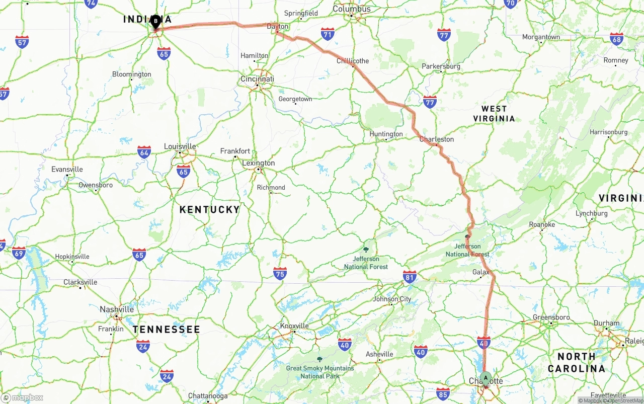 Shipping route from Charlotte to Indianapolis