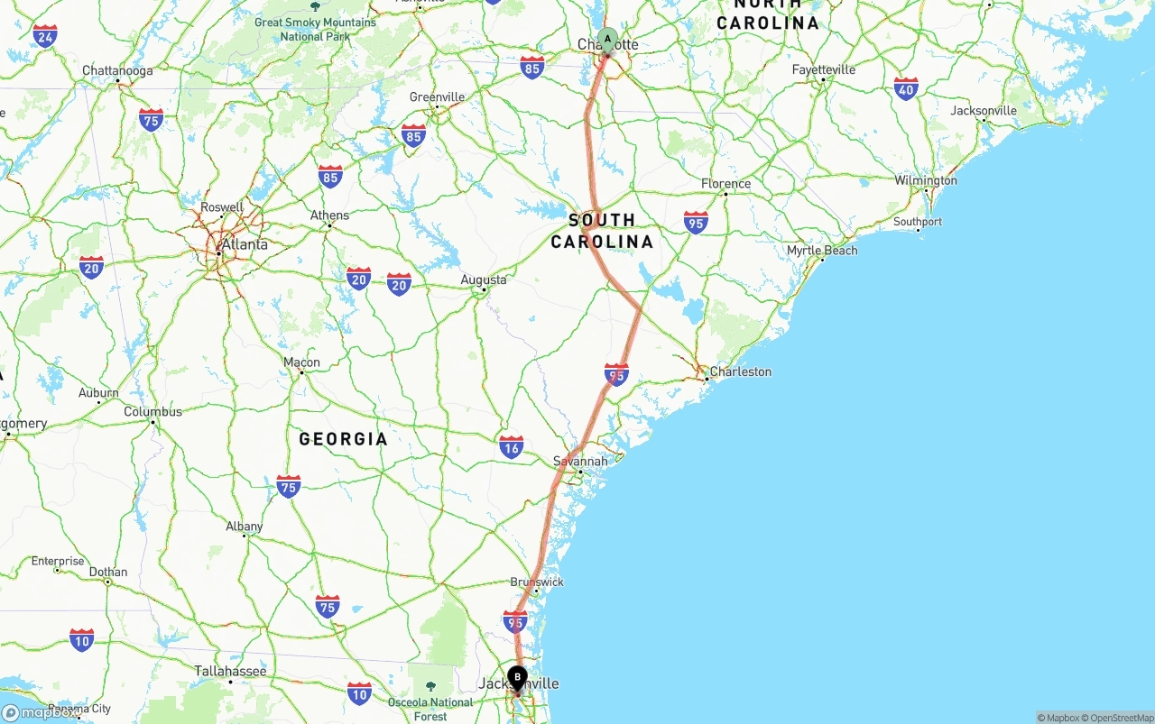 Shipping route from Charlotte to Jacksonville