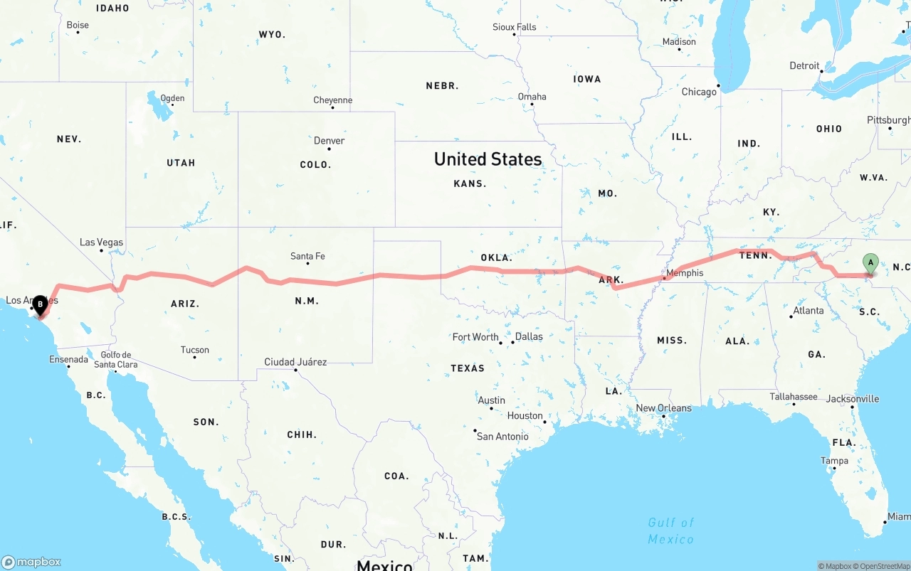 Shipping route from Charlotte to John Wayne Airport — Orange County