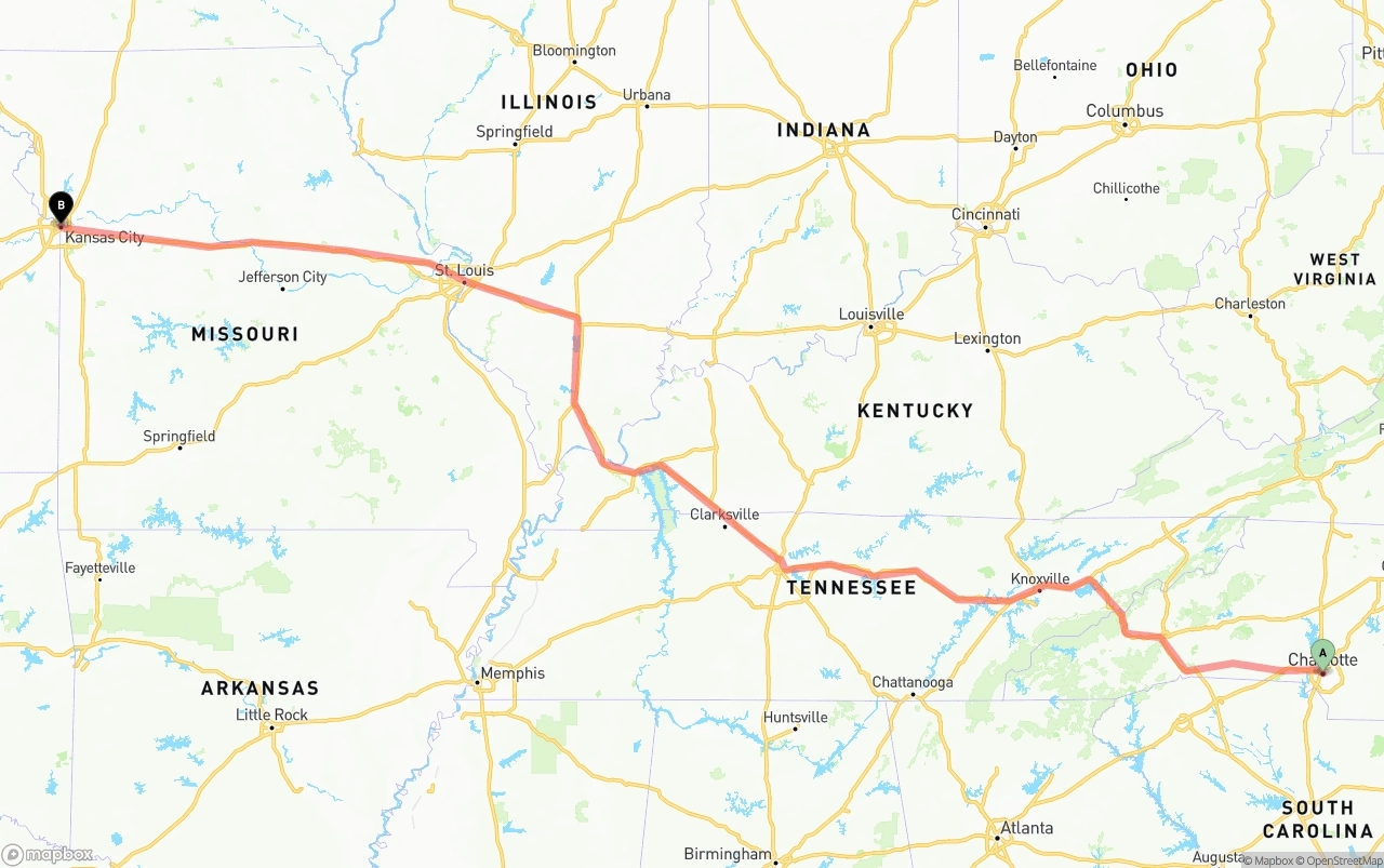 Shipping route from Charlotte to Kansas City