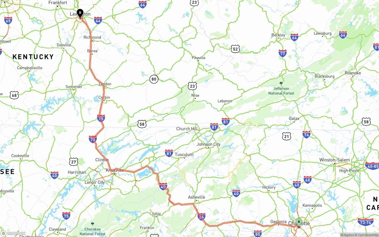 Shipping route from Charlotte to Lexington