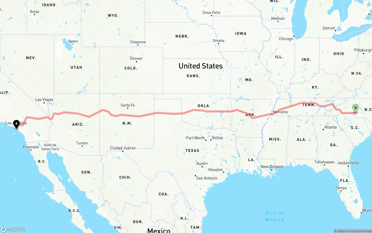 Shipping route from Charlotte to Long Beach