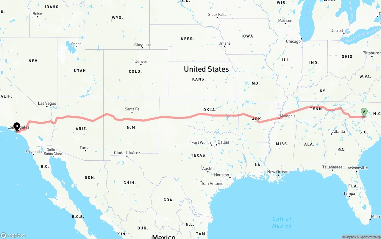 Shipping route from Charlotte to Los Angeles International Airport