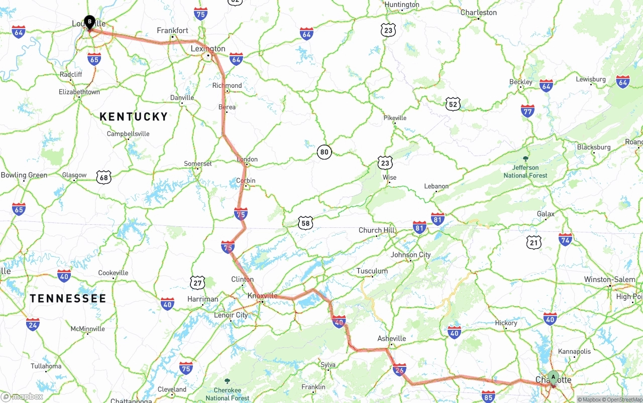 Shipping route from Charlotte to Louisville