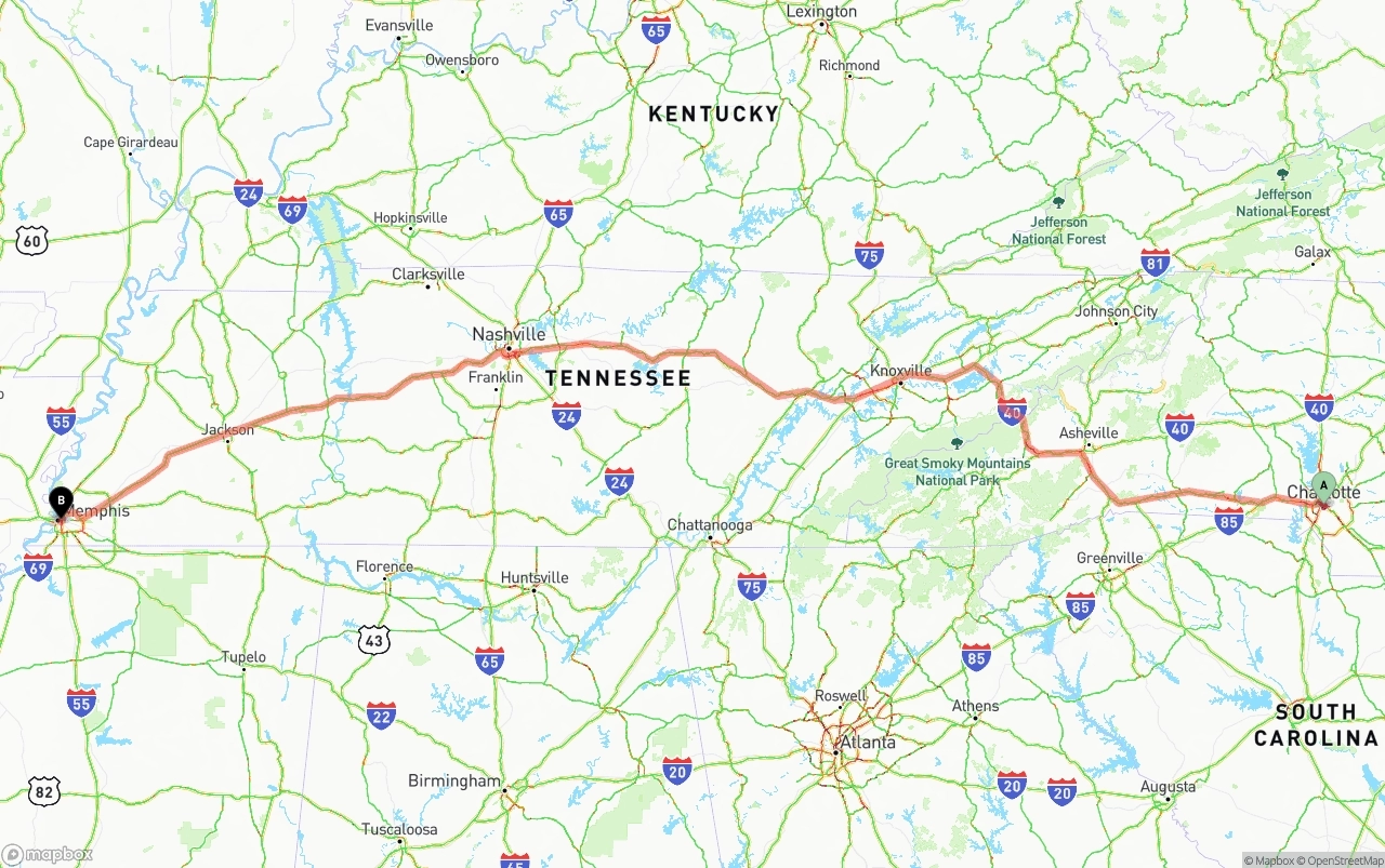 Shipping route from Charlotte to Memphis