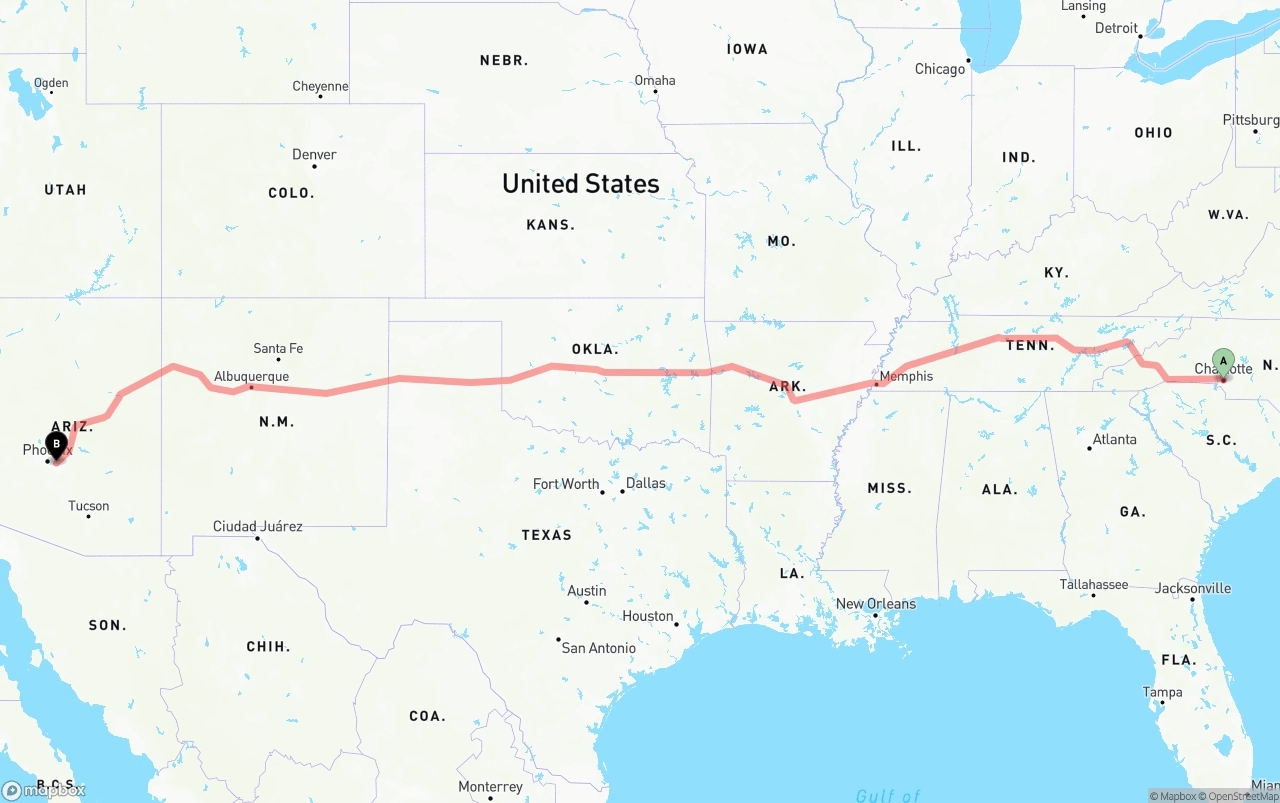 Shipping route from Charlotte to Mesa