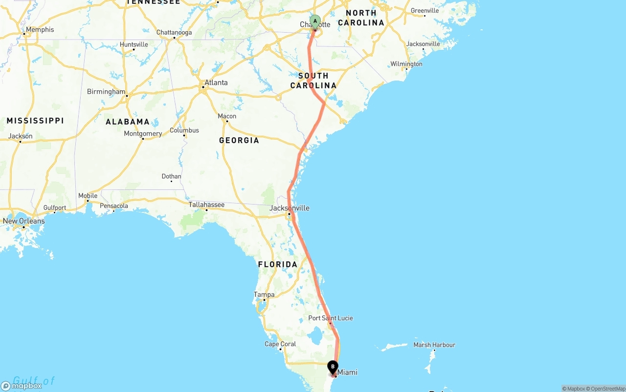 Shipping route from Charlotte to Miami International Airport