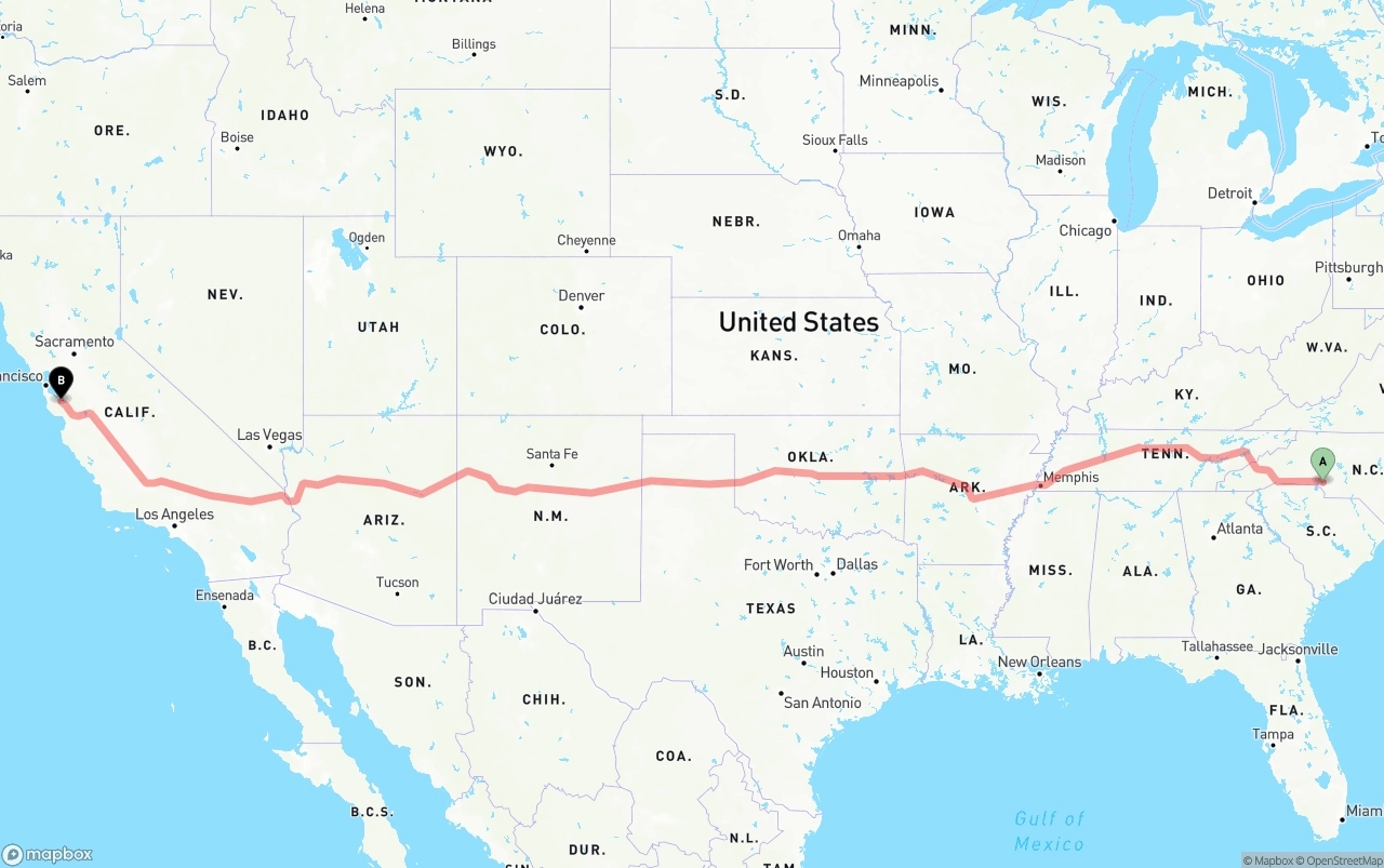 Shipping route from Charlotte to Norman Y. Mineta San Jose International Airport