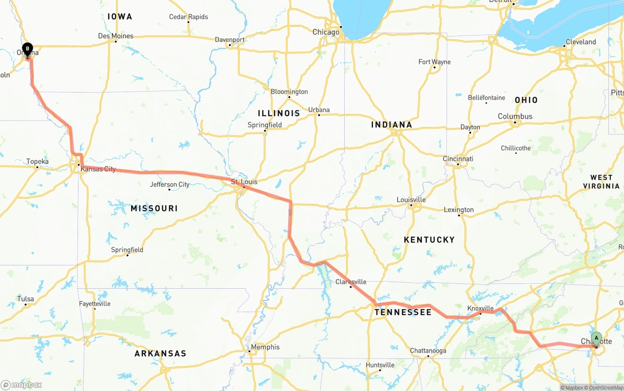 Shipping route from Charlotte to Omaha