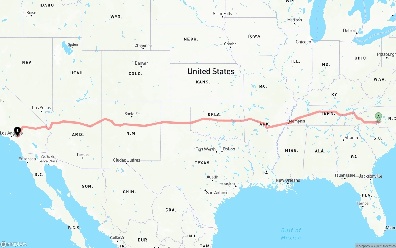 Shipping route from Charlotte to Ontario International Airport