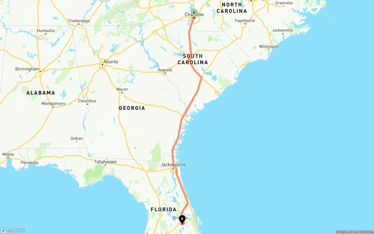 Shipping route from Charlotte to Orlando International Airport