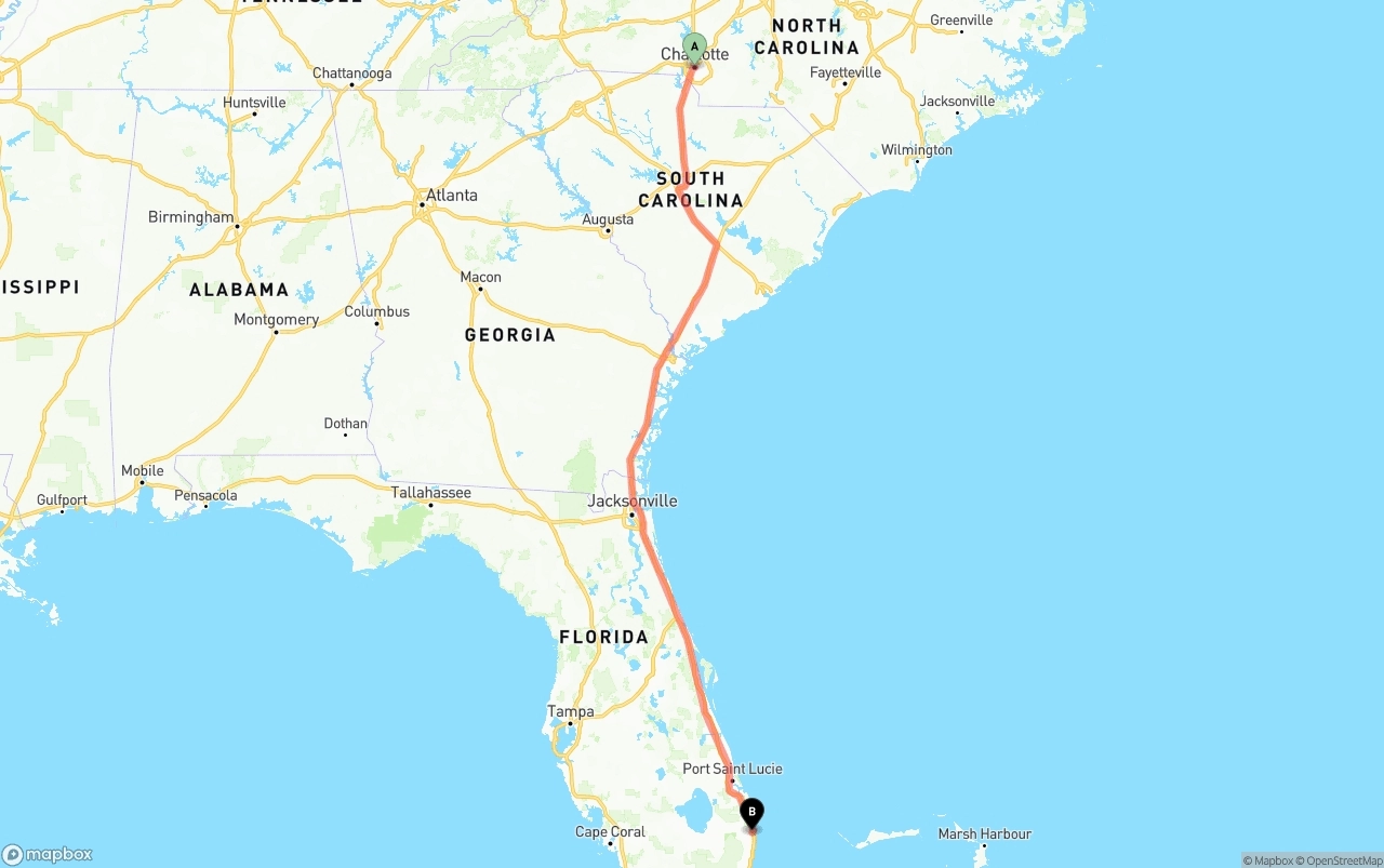 Shipping route from Charlotte to Palm Beach International Airport