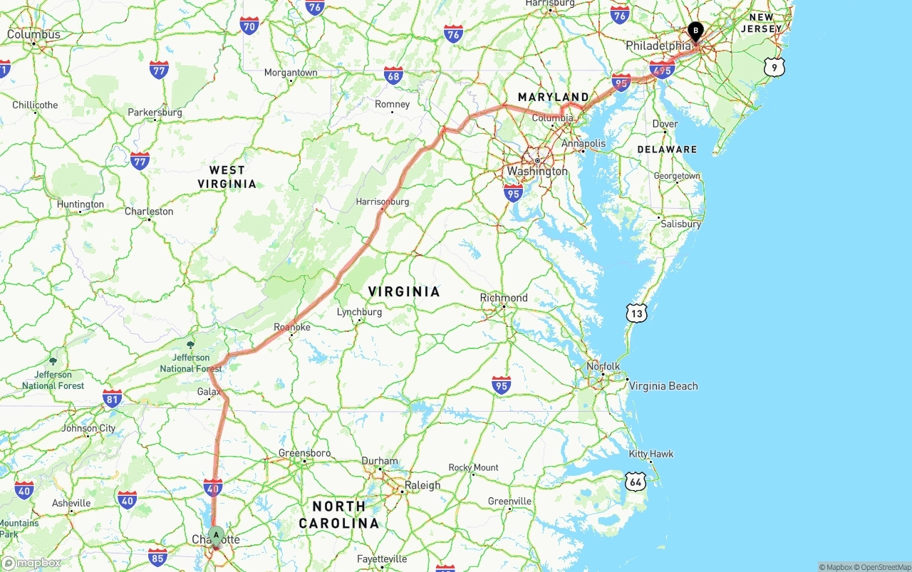 Shipping route from Charlotte to Philadelphia