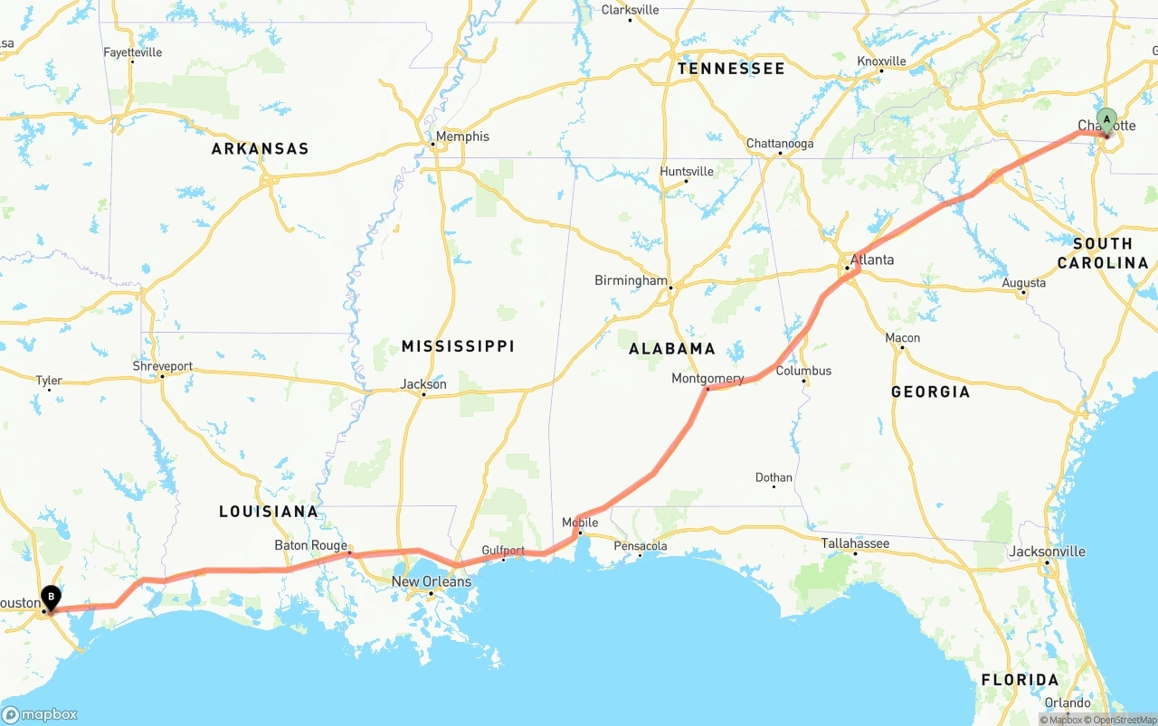 Shipping route from Charlotte to Port of Houston