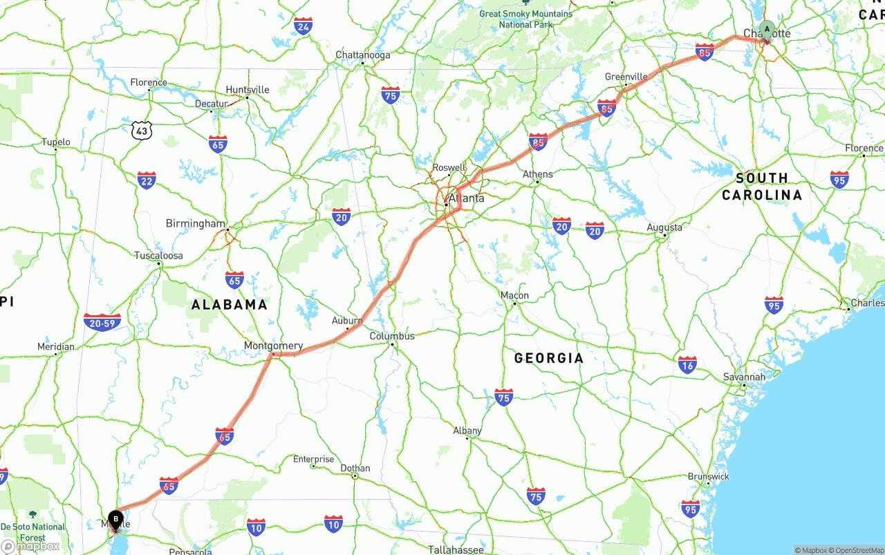 Shipping route from Charlotte to Port of Mobile
