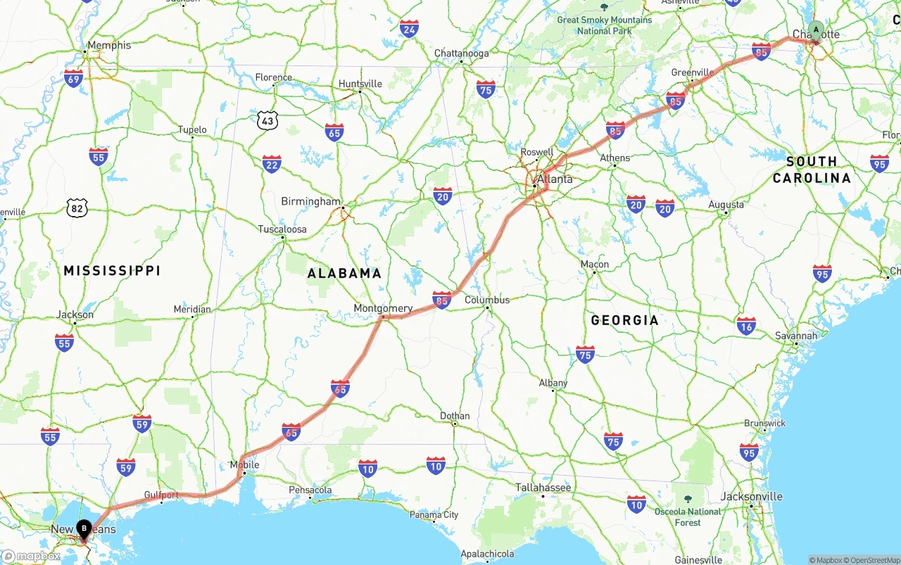 Shipping route from Charlotte to Port of New Orleans