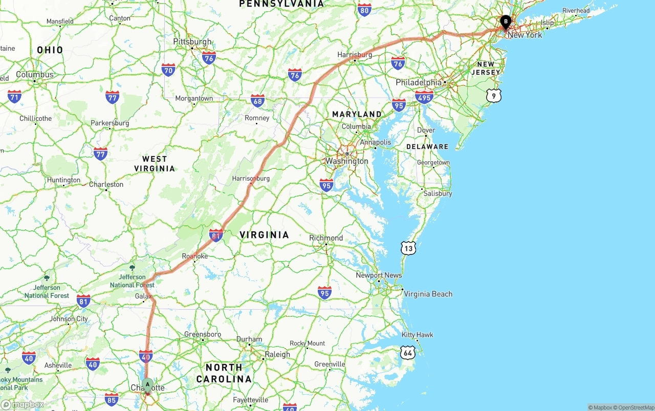 Shipping route from Charlotte to Port of New York