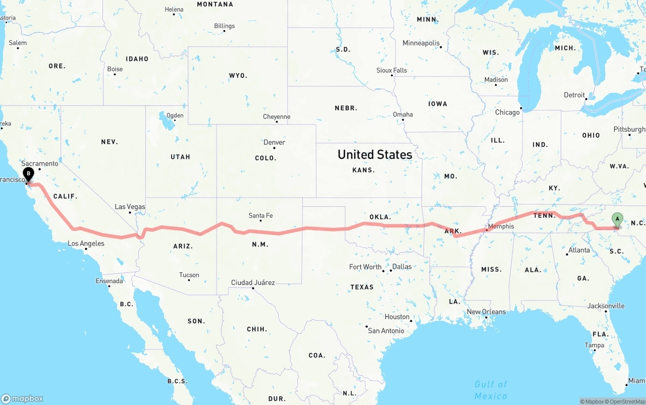 Shipping route from Charlotte to Port of Oakland
