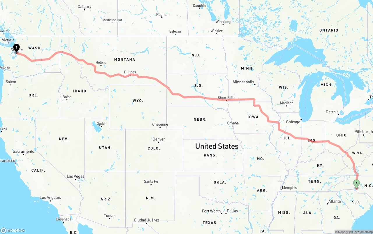 Shipping route from Charlotte to Port of Seattle