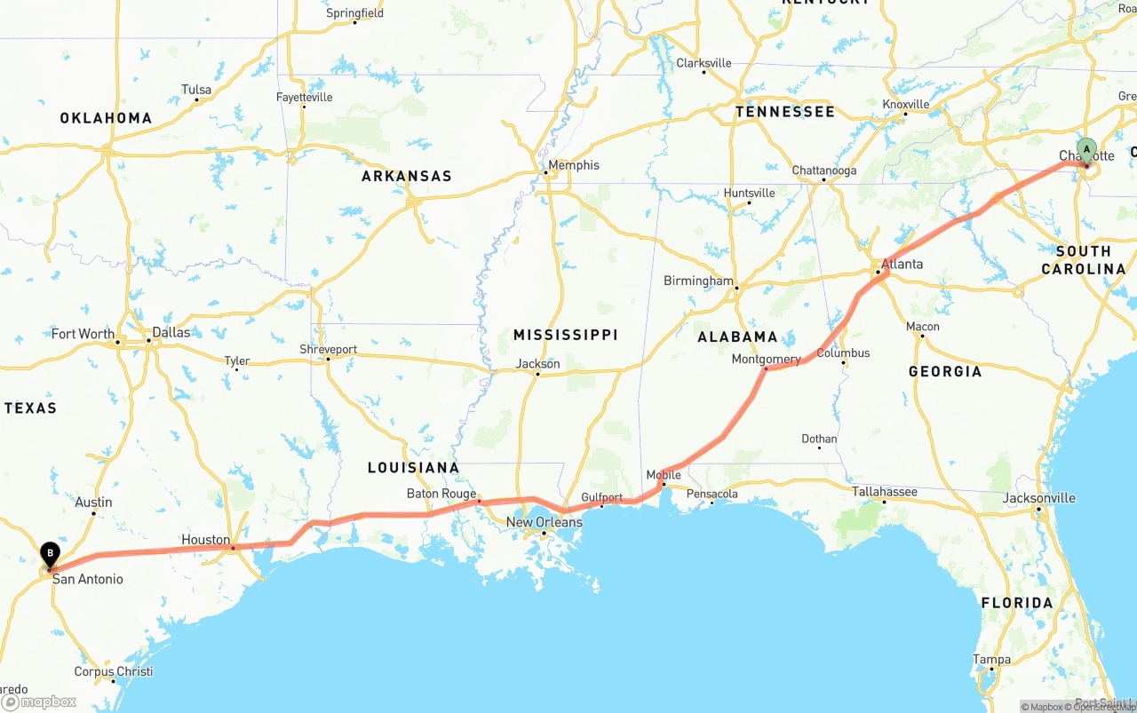 Shipping route from Charlotte to San Antonio