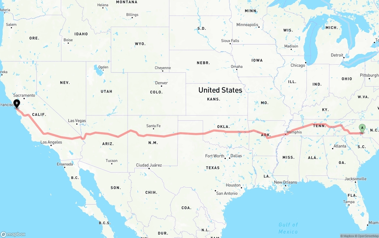 Shipping route from Charlotte to San Francisco International Airport