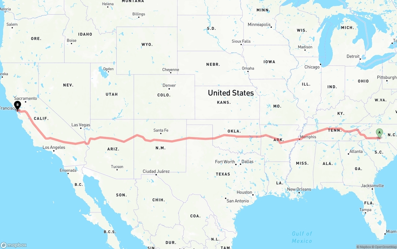 Shipping route from Charlotte to San Francisco