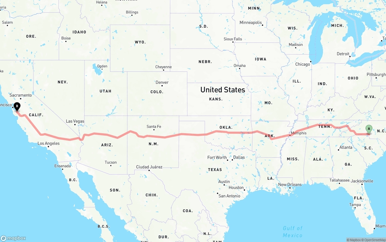 Shipping route from Charlotte to San Jose