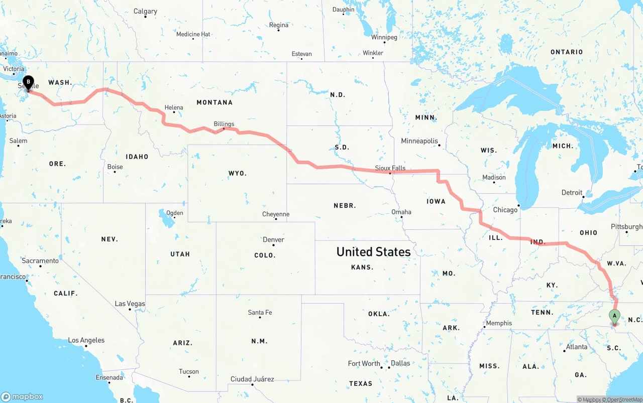 Shipping route from Charlotte to Seattle