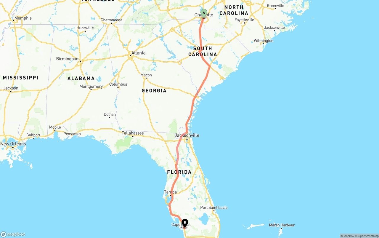 Shipping route from Charlotte to Southwest Florida International Airport