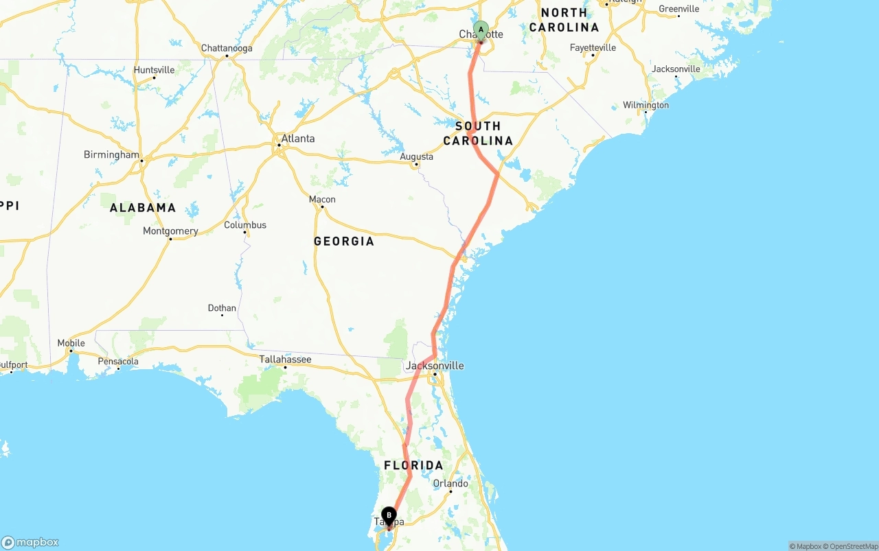 Shipping route from Charlotte to Tampa