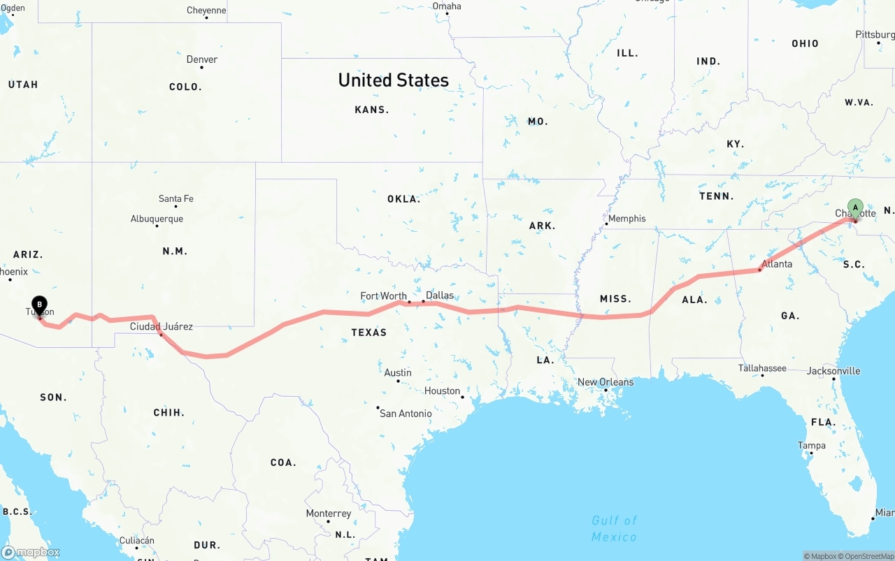 Shipping route from Charlotte to Tucson