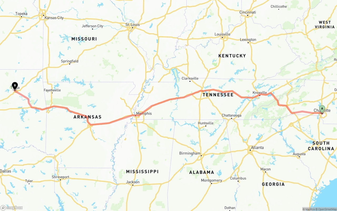Shipping route from Charlotte to Tulsa