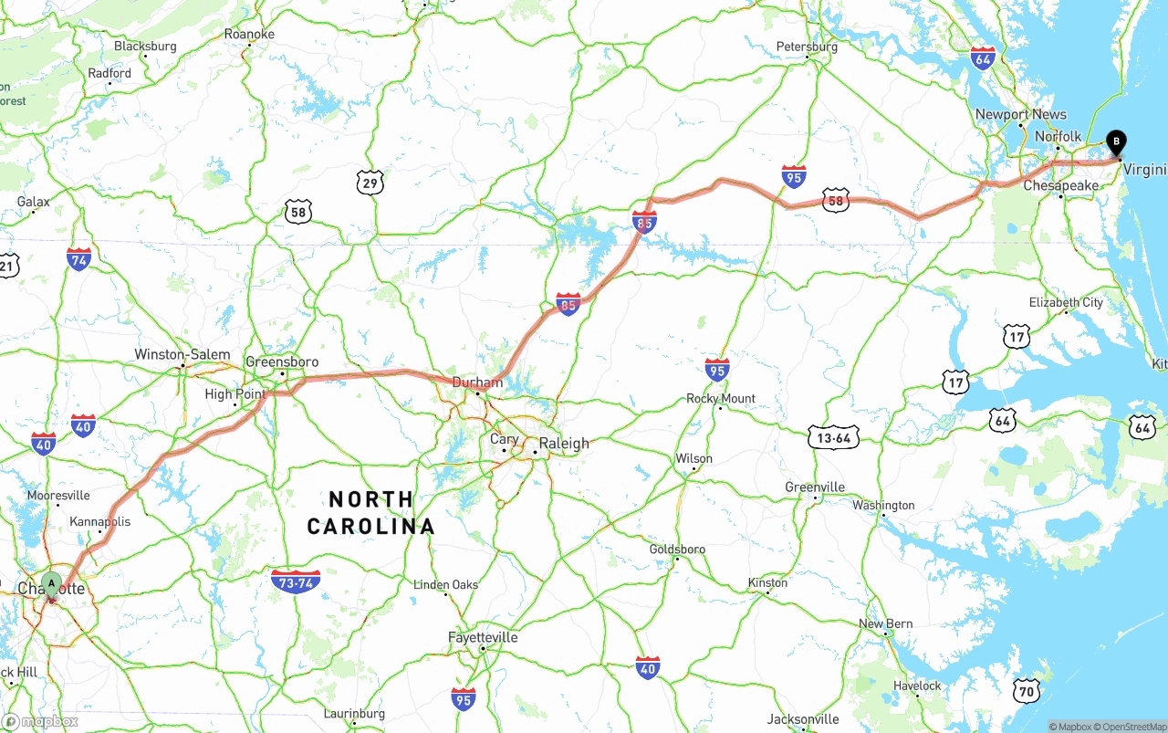 Shipping route from Charlotte to Virginia Beach