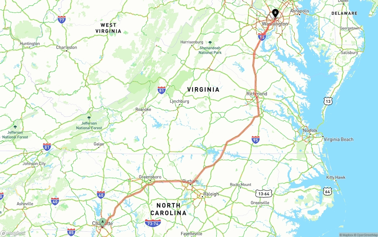 Shipping route from Charlotte to Washington D.C.