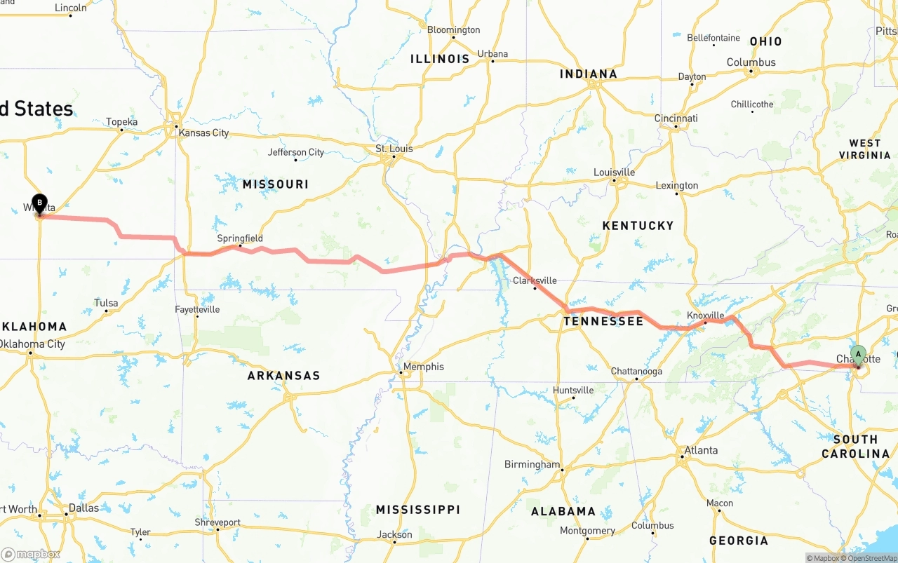 Shipping route from Charlotte to Wichita