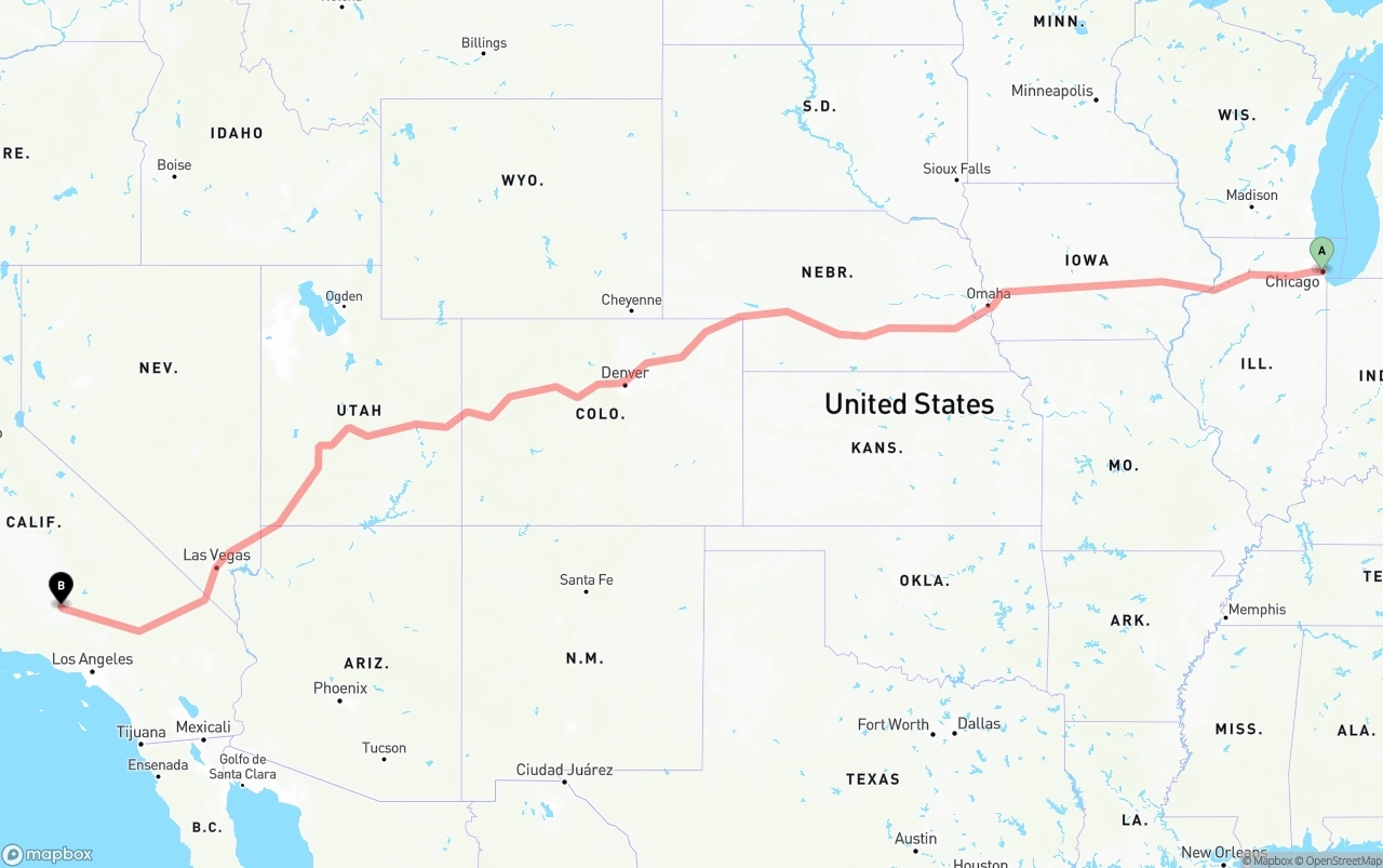 Shipping route from Chicago to Bakersfield
