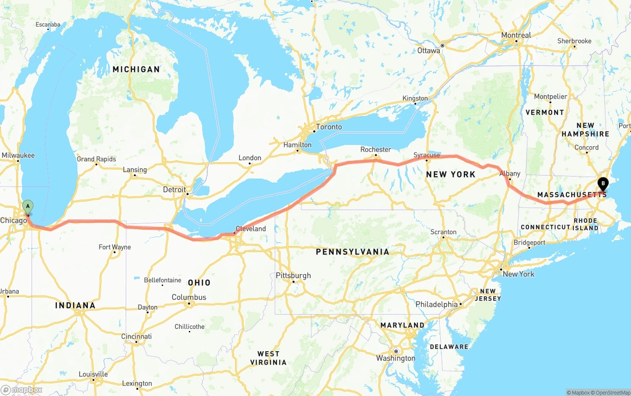 Shipping route from Chicago to Boston