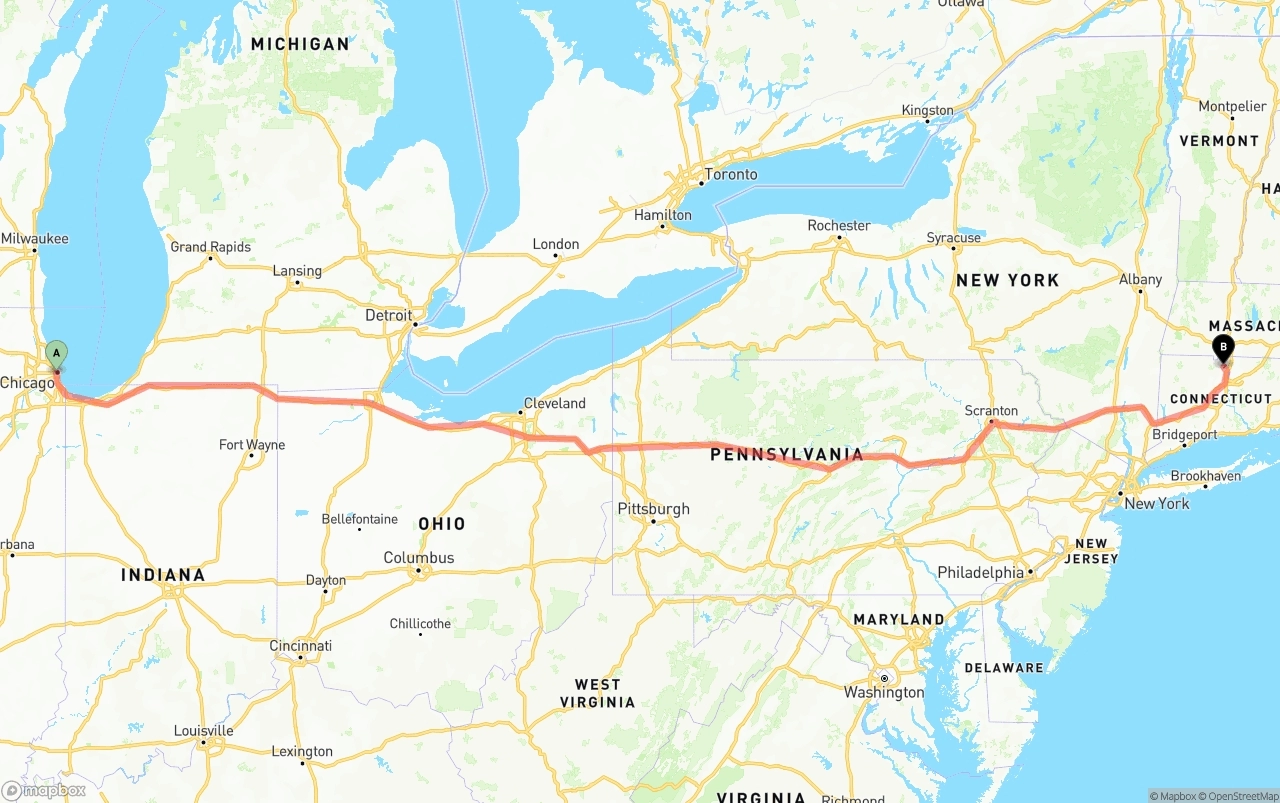 Shipping route from Chicago to Bradley International Airport