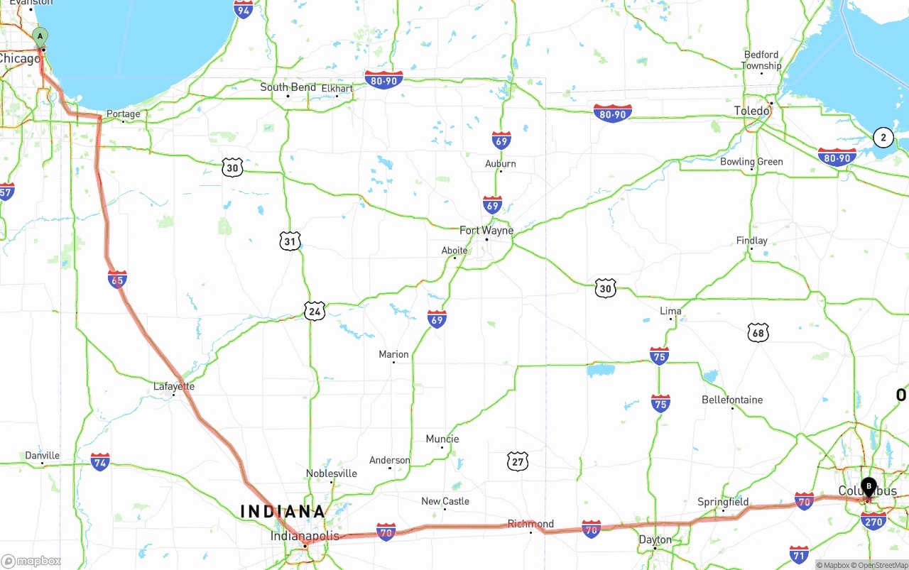 Shipping route from Chicago to Columbus