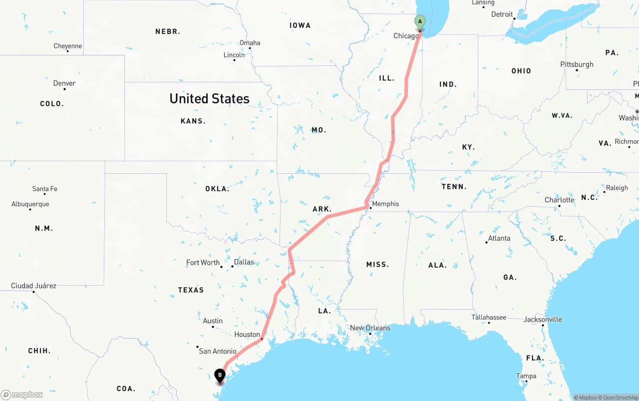 Shipping route from Chicago to Corpus Christi