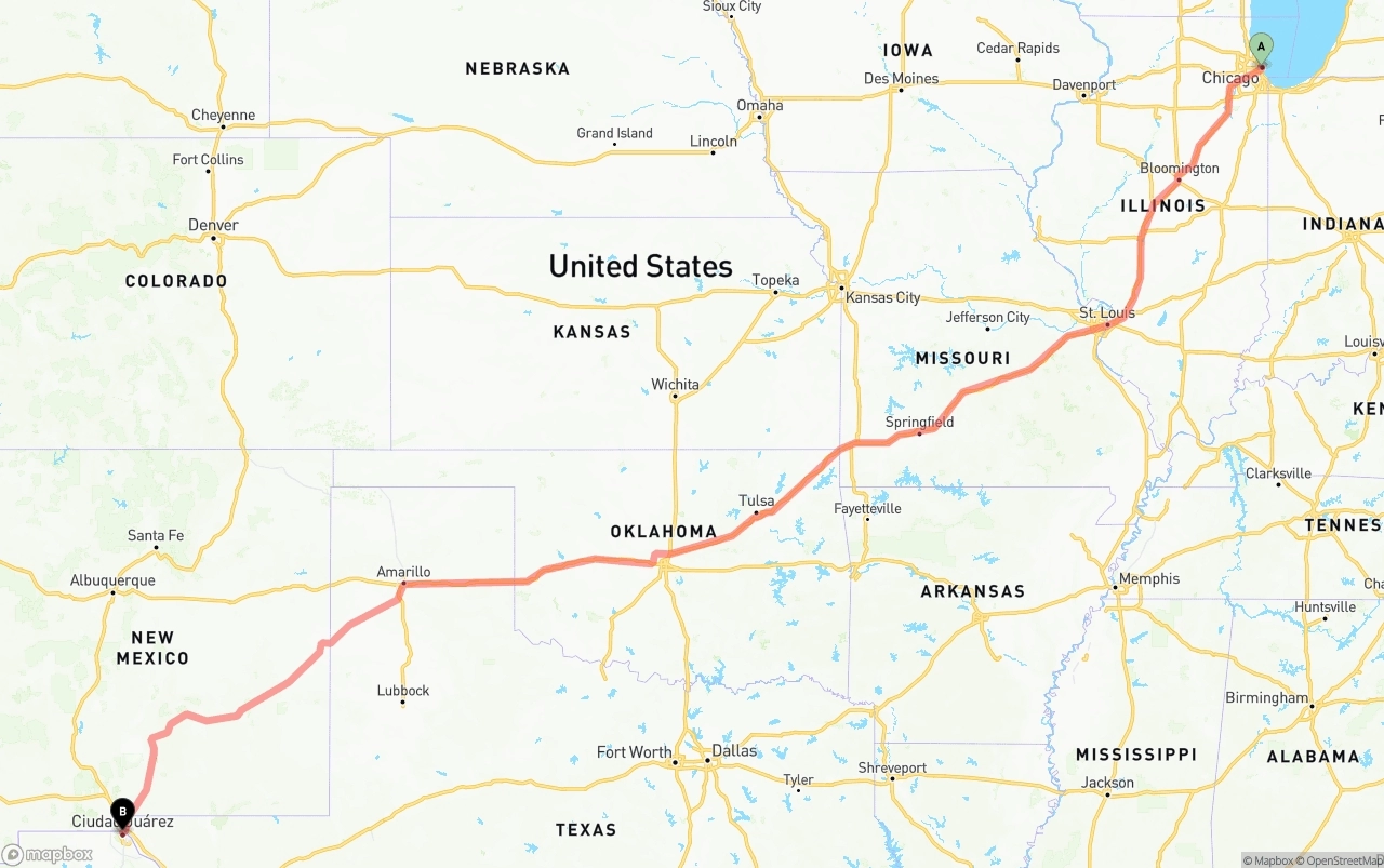Shipping route from Chicago to El Paso