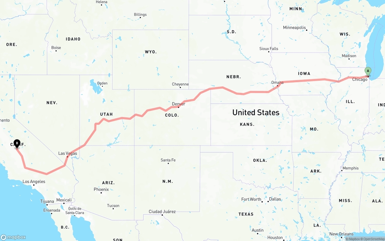 Shipping route from Chicago to Fresno
