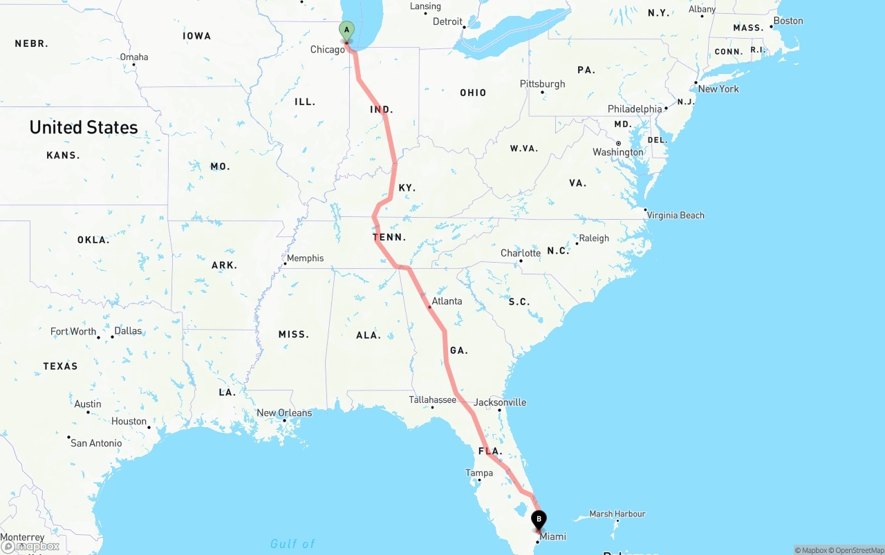 Shipping route from Chicago to Ft. Lauderdale