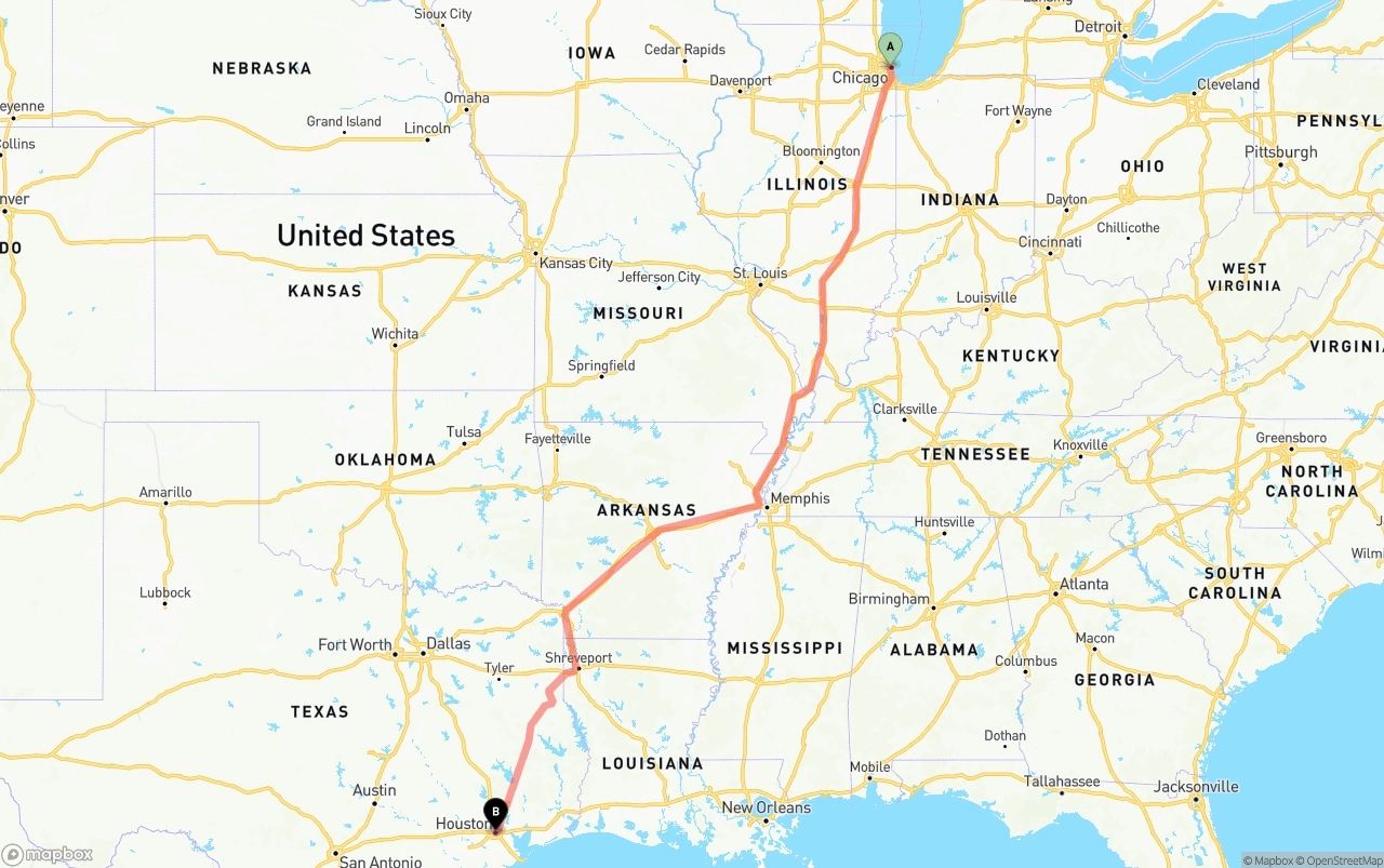 Shipping route from Chicago to Houston