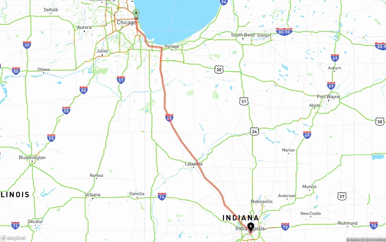 Shipping route from Chicago to Indianapolis