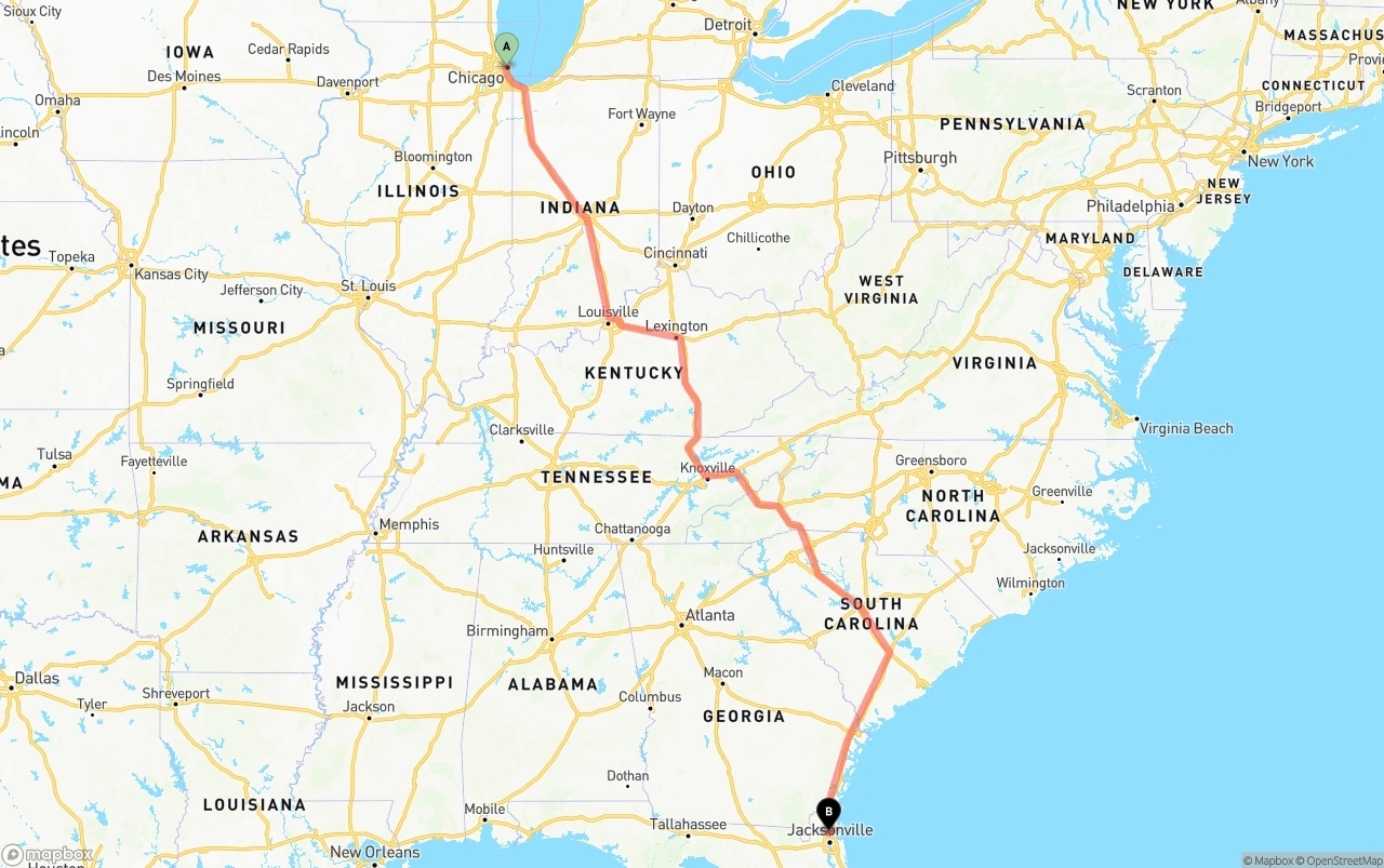 Shipping route from Chicago to Jacksonville International Airport