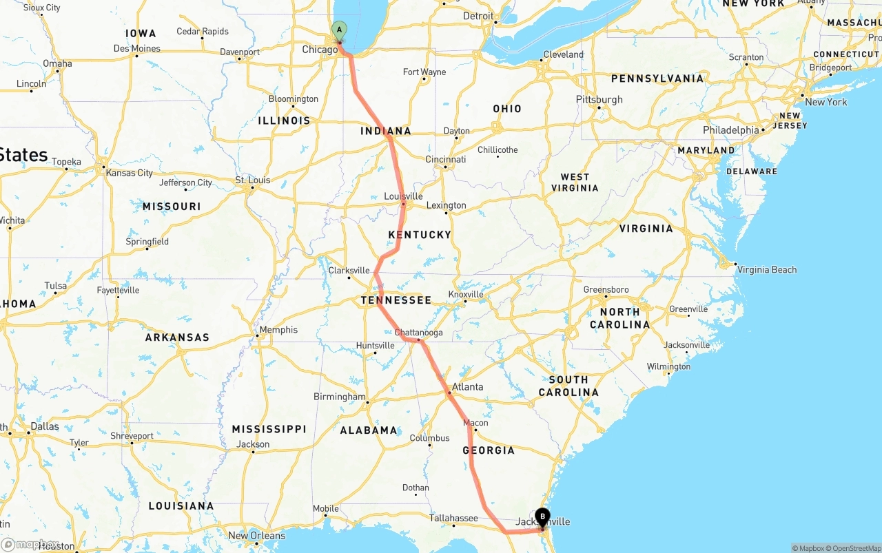 Shipping route from Chicago to Jacksonville