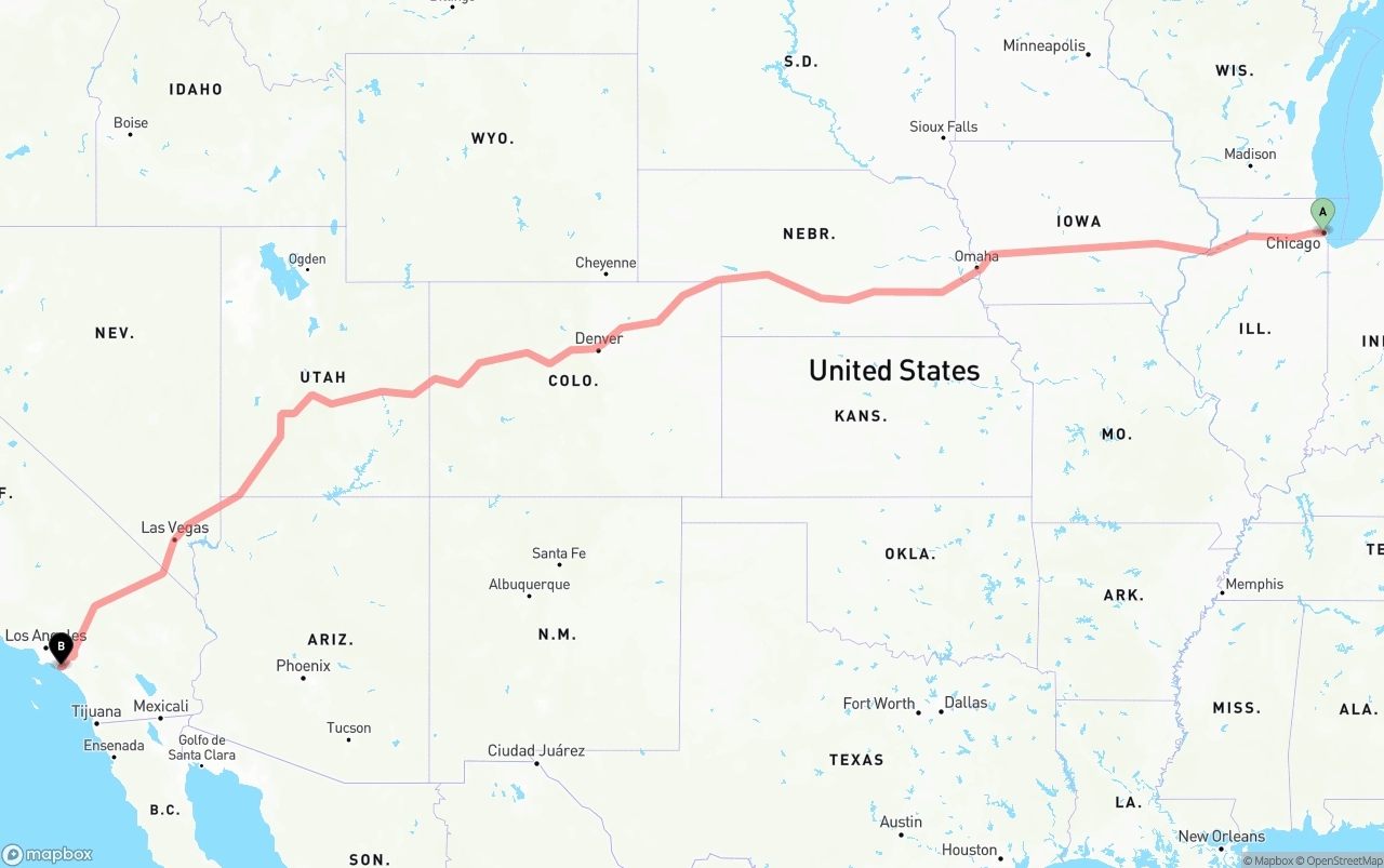 Shipping route from Chicago to John Wayne Airport — Orange County