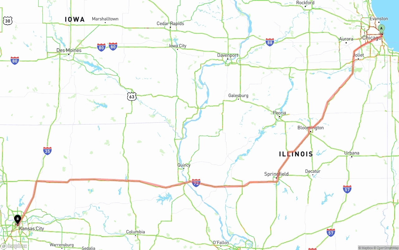 Shipping route from Chicago to Kansas City